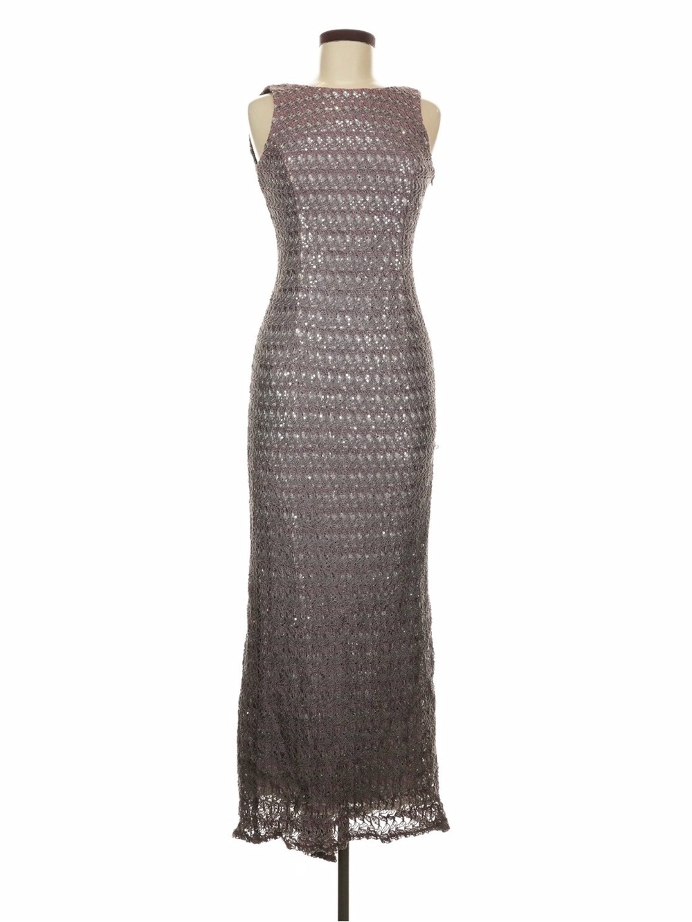 Jessica McClintock Sleeveless Maxi Crochet Dress in Taupe Gray